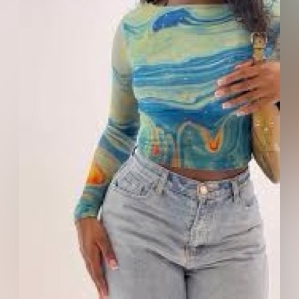 Farai London Blue and Green Swirl Long Sleeve Top